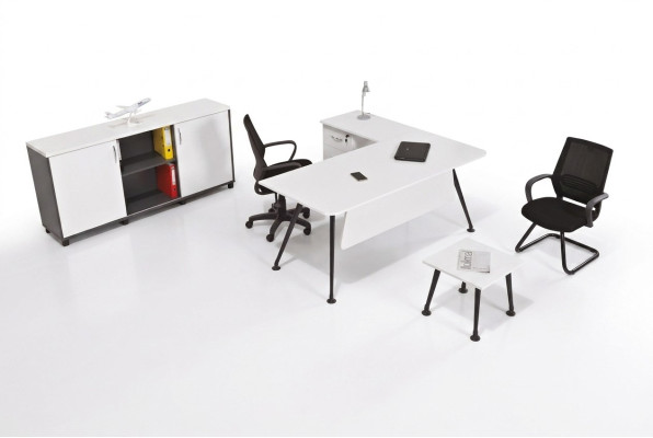 Escritorio de esquina blanco, muebles de oficina, armario de oficina, mesa de centro, mesa 3 piezas.