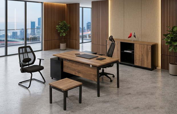 Muebles de oficina marrones de lujo Conjunto de escritorio Archivador de oficina Mesa de centro de 3 piezas.