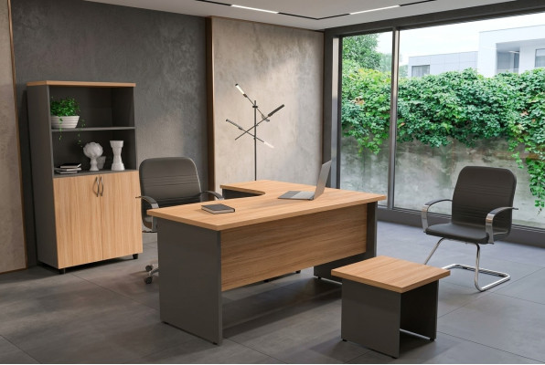 Conjunto de equipamiento de oficina. Equipamiento de lugar de trabajo. Escritorio de esquina. Archivador.