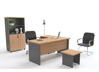 Conjunto de equipamiento de oficina. Equipamiento de lugar de trabajo. Escritorio de esquina. Archivador.