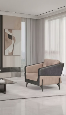 Silla beige de oficina en tela, mueble de lujo, asiento acolchado, butaca.