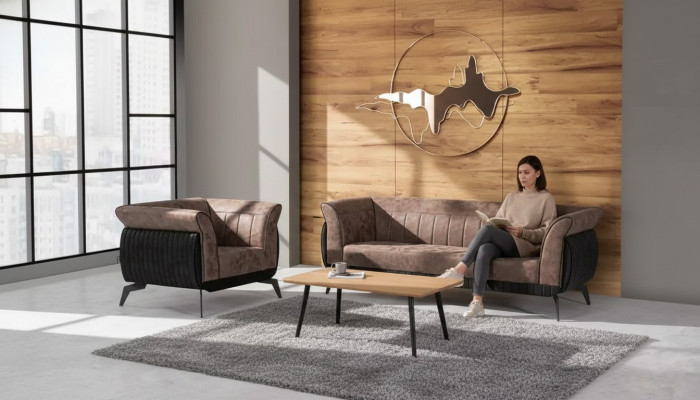 Conjunto de sofá marrón de tres plazas, sillón, muebles de oficina, conjunto de sofás de 2 piezas.