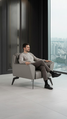Silla de lujo para la oficina en gris, asiento nuevo, sillón tapizado.