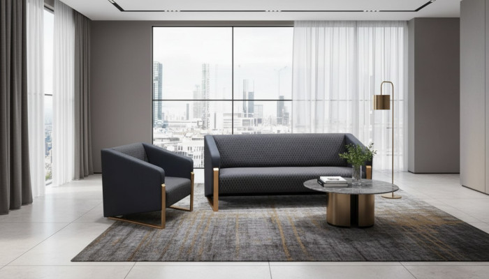 Conjunto completo de sofás de color negro, muebles de oficina textiles, asiento individual y sillón triple.