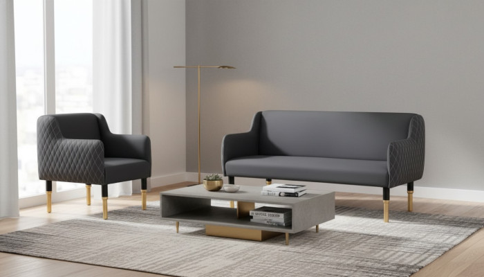 Juego de sofás en acero inoxidable, conjunto de sofá de dos plazas, sillón individual, sillón acolchado.