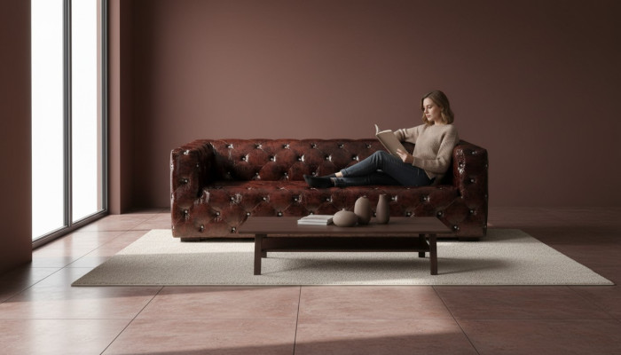 Sofá Chesterfield de 3 plazas de lujo color marrón Sofá de cuero de 250 cm