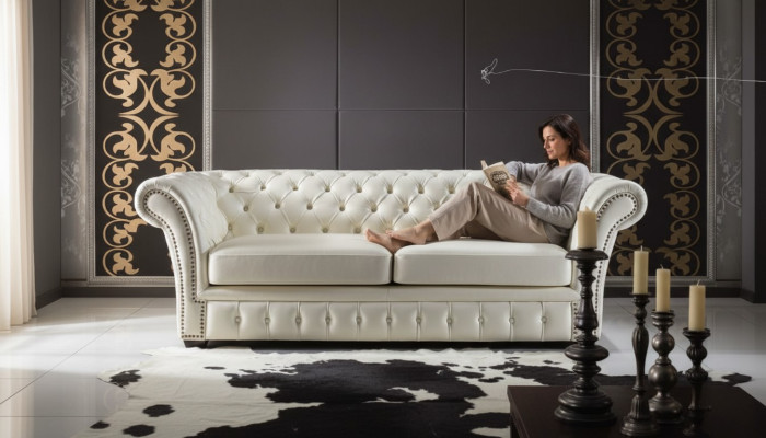 Sofá Chesterfield de lujo de tres plazas para salón en color blanco.