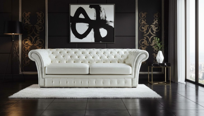 Sofá Chesterfield de lujo de tres plazas para salón en color blanco.
