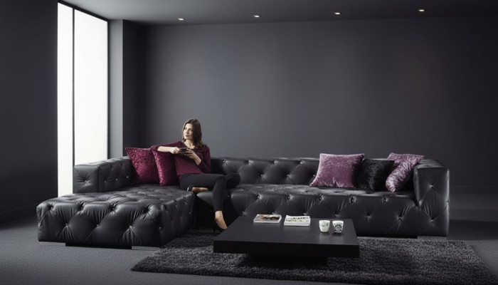 Sofá de esquina en forma de L Chesterfield de lujo color negro, sofá de cuero.