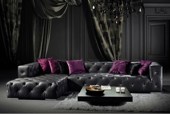Sofá de esquina en forma de L Chesterfield de lujo color negro, sofá de cuero.
