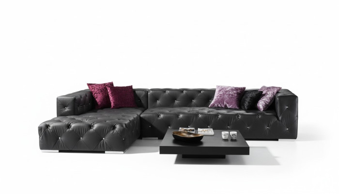 Sofá de esquina en forma de L Chesterfield de lujo color negro, sofá de cuero.
