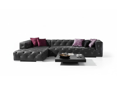 Sofá de esquina en forma de L Chesterfield de lujo color negro, sofá de cuero.