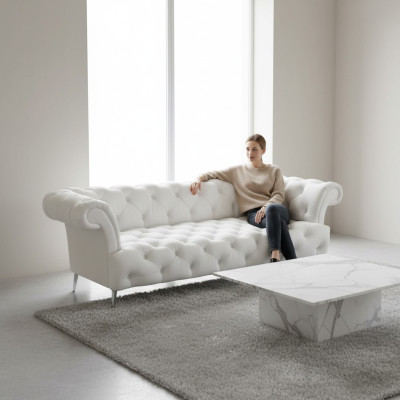 Sofá Chesterfield de 3 plazas de lujo de cuero artificial blanco Sofás de cuero.