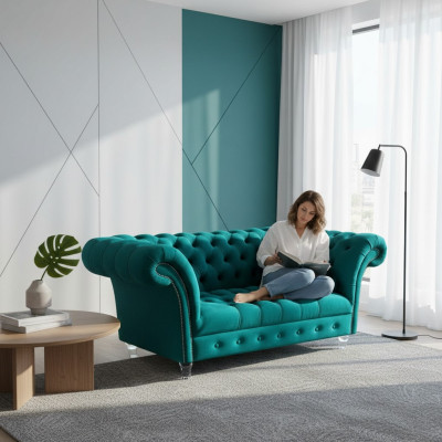 Sofá Chesterfield de lujo de 2 plazas en tela azul Sofás verdes
