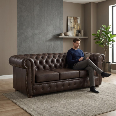 Sofá Chesterfield de cuero marrón original de 3 plazas.
