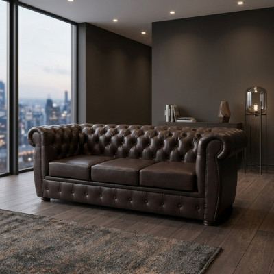 Sofá Chesterfield de cuero marrón original de 3 plazas.