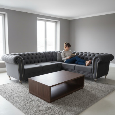 Sofá Chesterfield en forma de L diseño esquinero tapizado textil sofá esquina sofá.