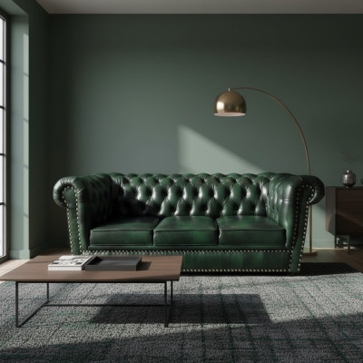 Sofá Chesterfield de tres plazas en cuero genuino verde de 230 cm.