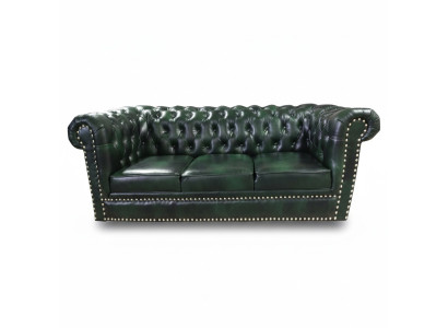 Sofá Chesterfield de tres plazas en cuero genuino verde de 230 cm.