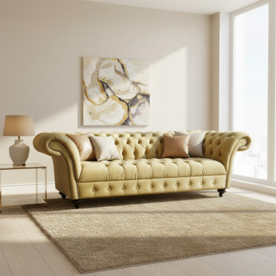 Sofá de lujo de tres plazas diseño Chesterfield en tela moderna.