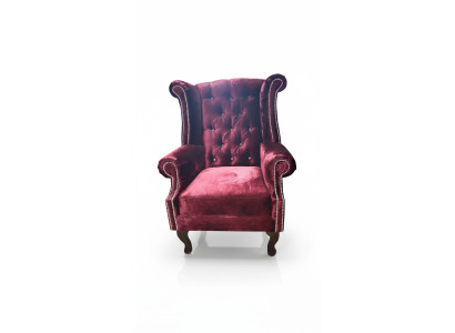 Sillón Chesterfield de orejas, sillón de terciopelo rojo, sofá individual moderno.