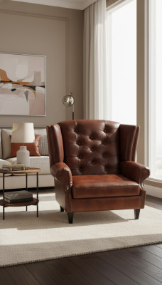 Sillón de orejas de lujo Chesterfield, sillón de cuero marrón, sofá moderno muebles