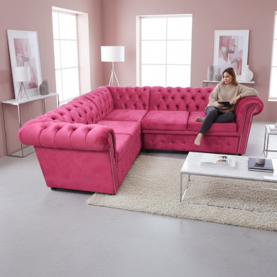 Sofá esquinero de lujo en forma de L Chesterfield sofá textil rosa sofá moderno.