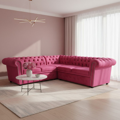 Sofá esquinero de lujo en forma de L Chesterfield sofá textil rosa sofá moderno.
