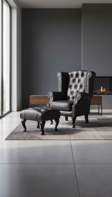 Lujo sillón orejero y taburete Chesterfield sillón cuero negro moderno