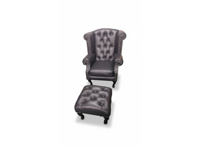 Lujo sillón orejero y taburete Chesterfield sillón cuero negro moderno
