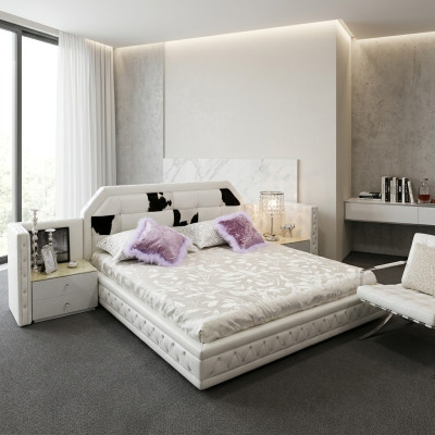 Lujo cama Chesterfield cama doble cuero genuino con pelo de potro camas blancas muebles