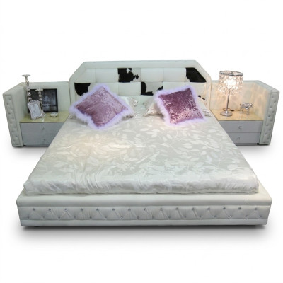 Lujo cama Chesterfield cama doble cuero genuino con pelo de potro camas blancas muebles