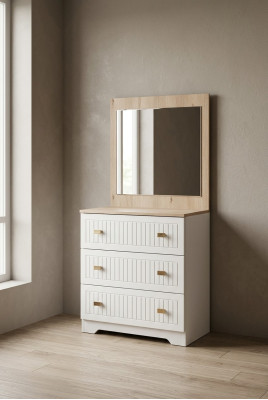 Cómoda con espejo, mesa consola, muebles blancos modernos en el dormitorio.