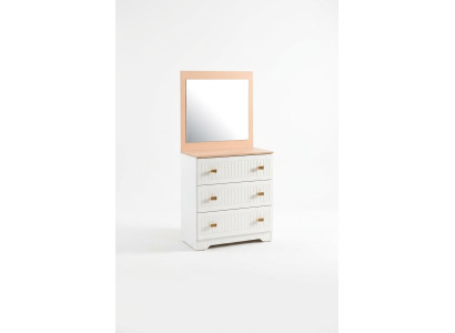 Cómoda con espejo, mesa consola, muebles blancos modernos en el dormitorio.