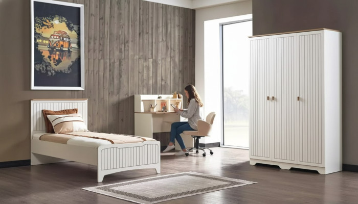 Moderno conjunto de habitación juvenil completo de lujo 3 piezas blanco.