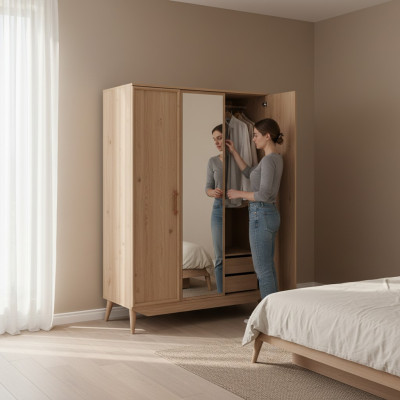 Armario de ropa marrón de madera, diseño de muebles de dormitorio, armarios elegantes.