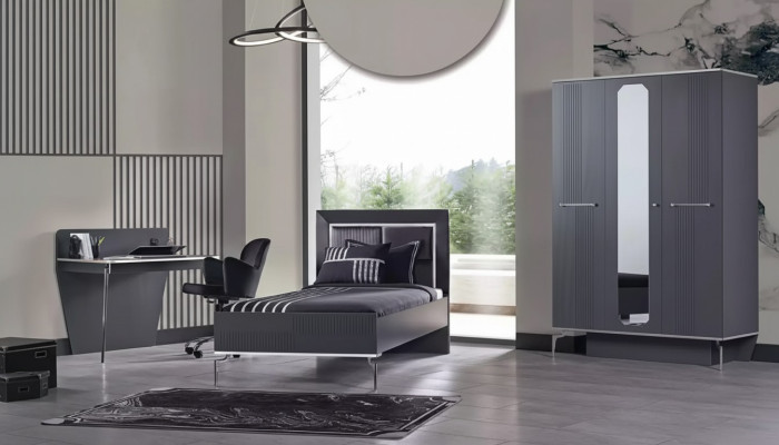 Diseño del conjunto de dormitorio juvenil: armario, cama, escritorio de 3 piezas.