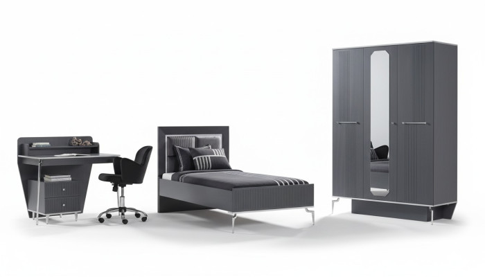 Diseño del conjunto de dormitorio juvenil: armario, cama, escritorio de 3 piezas.