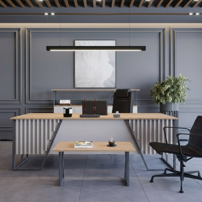 Mobiliario de oficina gris claro, conjunto de muebles de oficina, mesa, escritorio, armario de 3 piezas.