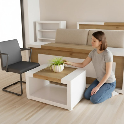 Mesa de centro blanca de diseñador de lujo de madera para sala de estar con estante.