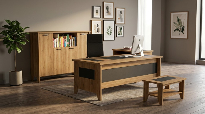 Set de oficina de alta calidad y elegante en estilo moderno hecho de madera resistente.