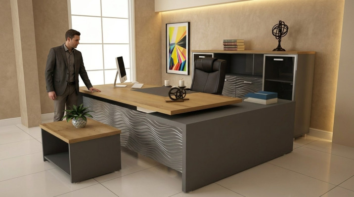 Set de oficina de alta calidad y moderno hecho de madera resistente en un estilo elegante.