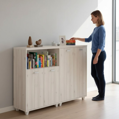Archivo de madera moderno para oficina en blanco, armario para documentos y cómoda.