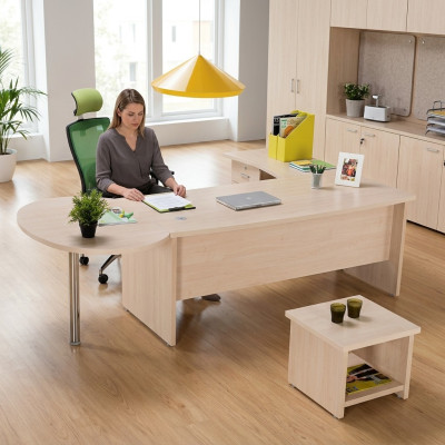 Moderno conjunto de muebles de oficina con escritorio de esquina y cómoda: la eficiencia se une al estilo.