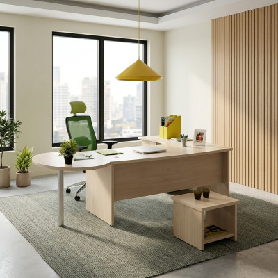 Moderno conjunto de muebles de oficina con escritorio de esquina y cómoda: la eficiencia se une al estilo.