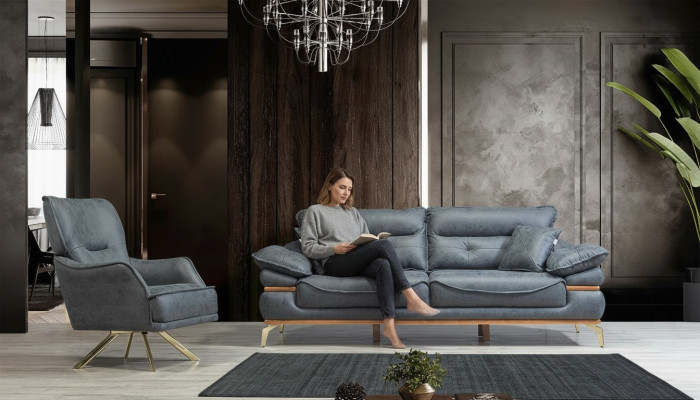 Moderno salón de diseño gris con sofá de 3 plazas y nuevo sillón.