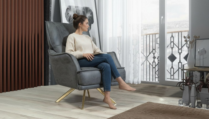 Sillón individual gris exclusivo para salón de club, de lujo.