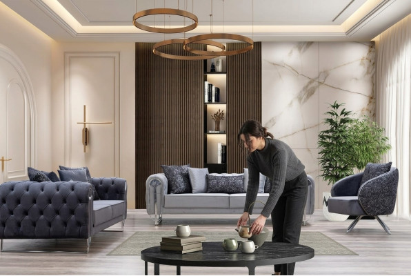 Muebles de salón modernos y cómodos: dos sofás triples y un sillón de una plaza.
