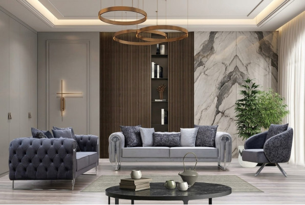 Muebles de salón modernos y cómodos: dos sofás triples y un sillón de una plaza.