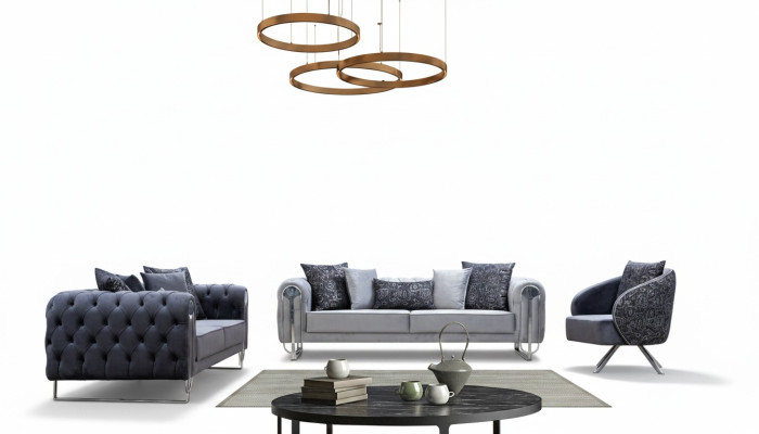Muebles de salón modernos y cómodos: dos sofás triples y un sillón de una plaza.